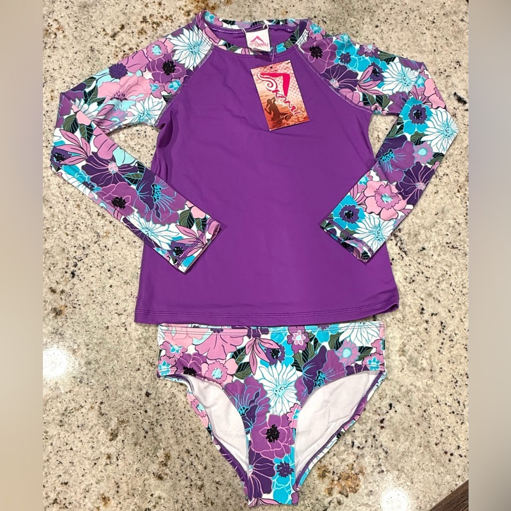 Kanu Surf Kids Floral Rashguard Set - Purple and Blue